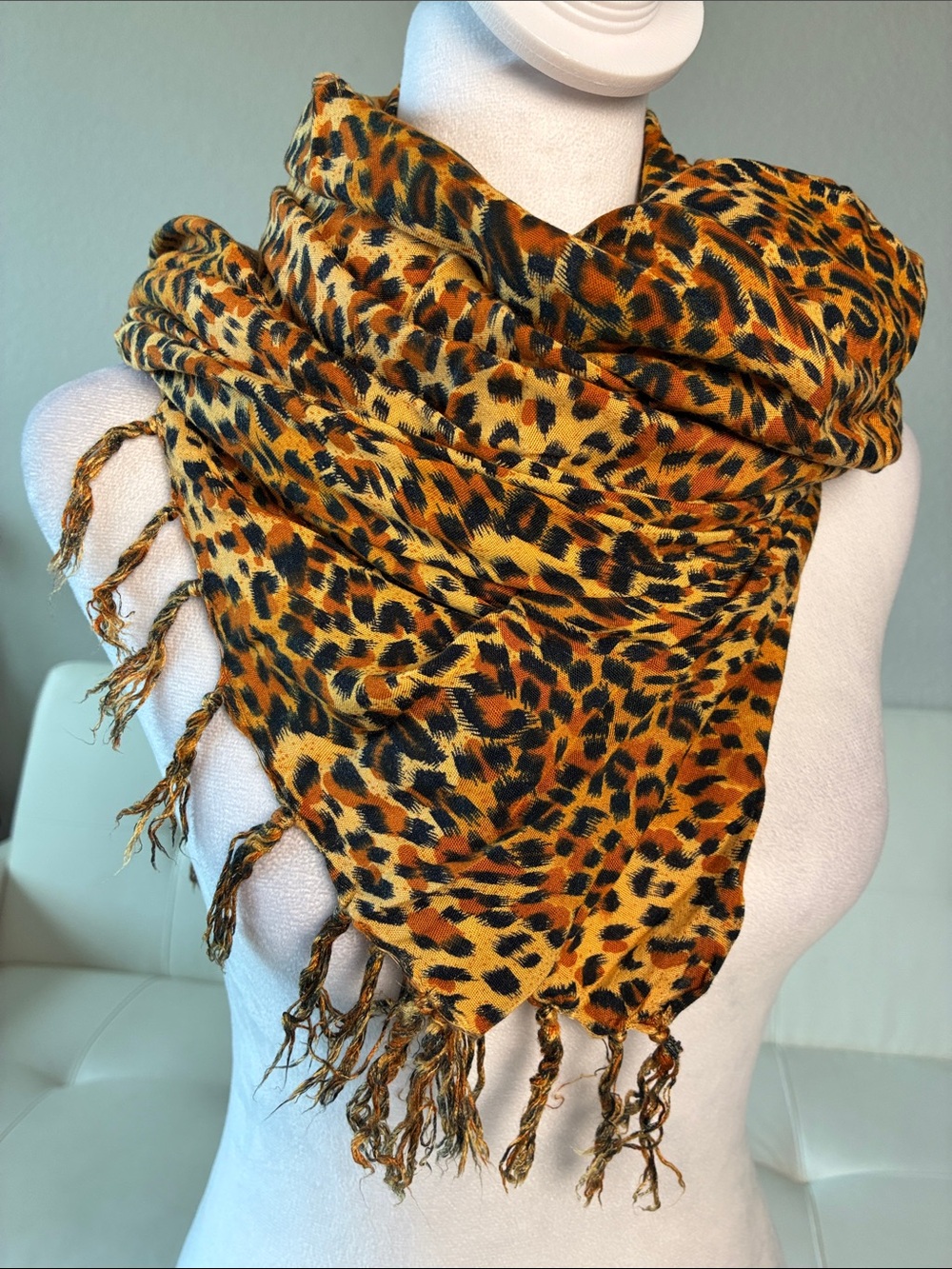Leopard Print Fringe Scarf, Shawl, Wrap - Golden Brown